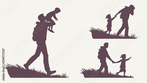 Father and child silhouettes walking on grassy terrain, depicting family outdoor adventures, paternal love, and childhood memories vector art.