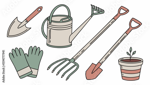 Pastel hand drawn gardening tools set with shovel, trowel, watering can, gloves, garden fork, and potted plant sprout. Essential garden equipment vector.