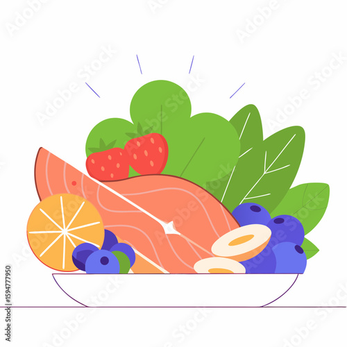 Healthy food bowl illustration with fish and fruits