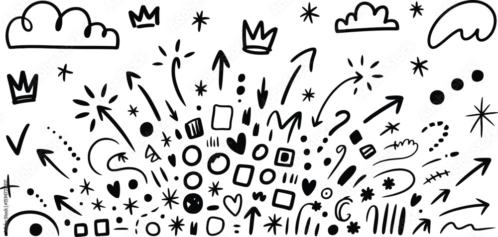 Obraz premium Hand Drawn Arrows, Clouds, Stars, Crowns and Shapes Isolated on Transparent Background