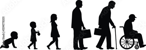 Human life stages silhouette, from baby crawling to elderly in wheelchair, aging process concept for education, healthcare, and generational design.
