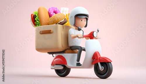 3D Food delivery scooter driver on white background