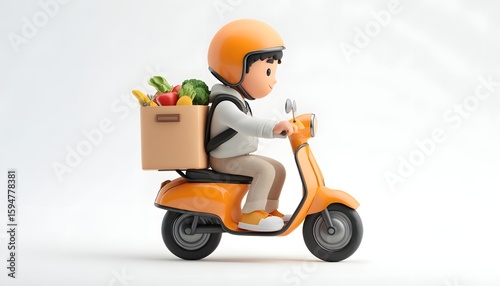 3D Food delivery scooter driver on white background