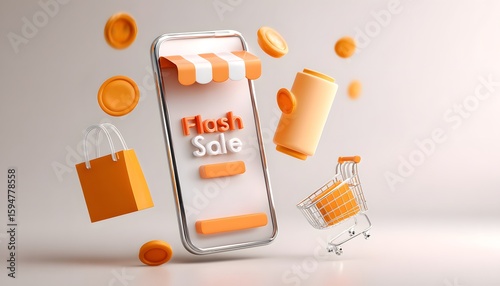 3D smartphone with shopping bag and sale element