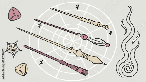 Mystical Fantasy Magic Wands Vector Art featuring Ornate Handles, Geometric Gems, Starburst, and Stylized Flame on a Grid Background.
