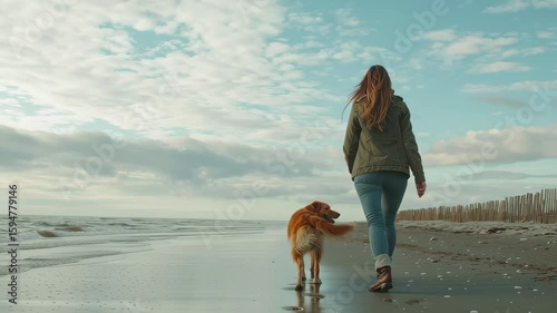 Woman enjoys a serene walk on the beach with her dog during a peaceful afternoon, Attractive woman walking on the beach with her dog Slow Motion