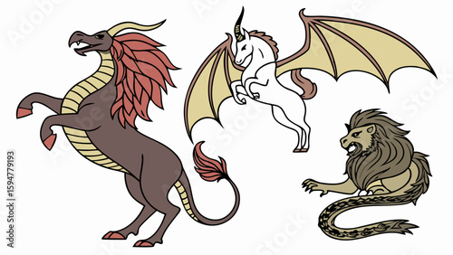 Stunning medieval heraldic fantasy creatures illustration featuring a majestic dragon, a graceful winged unicorn, and a powerful lion-serpent beast.