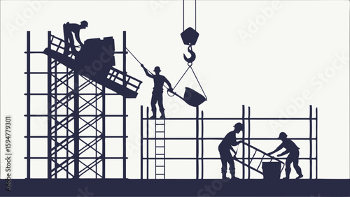 Construction workers silhouettes on scaffolding, using a crane to pour concrete at a building site. Flat design illustration of industrial labor and development.