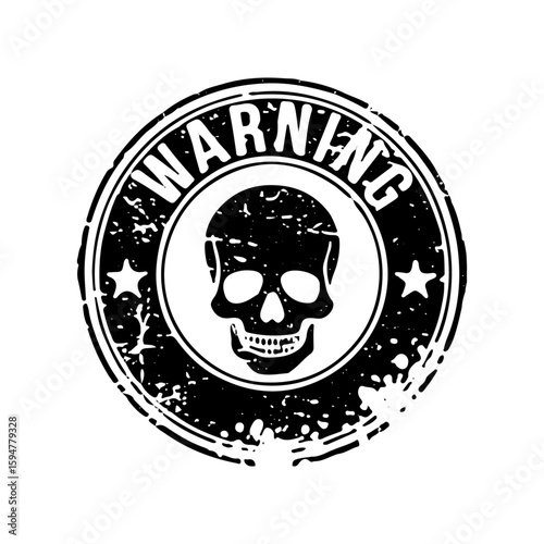 Warning grunge circle rubber stamp isolated on transparent background. Skull Warning Grunge Stamp. Distressed Skull and Stars Warning Sign. Black and White Grunge Skull Label. Vector