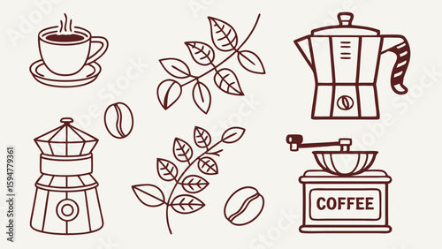 Minimalist brown line art coffee icons set with Moka pots, grinder, cup, beans, and leaves. Outline vector illustration for cafe and brewing.