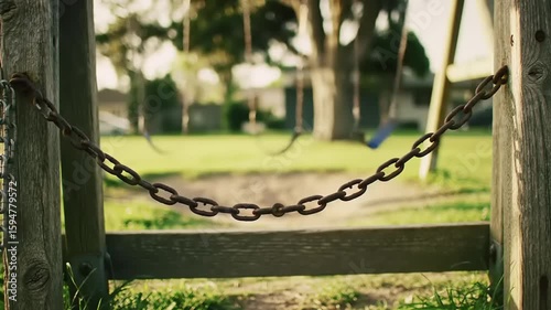 Chained swing set with park, and sunset.