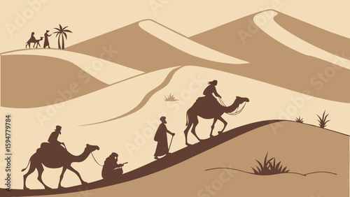 Desert Caravan Journey with Camel Riders and Travelers on Sand Dunes Sepia Tone Monochrome Illustration Ancient Trade Route Landscape