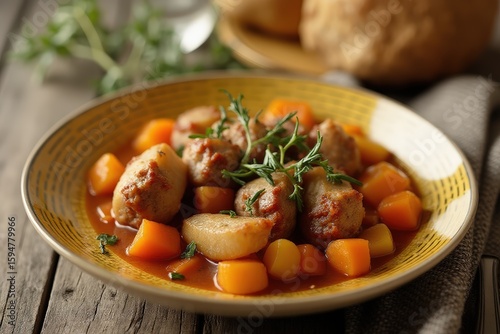 Pork and pear stew cooked with herbs and cider
