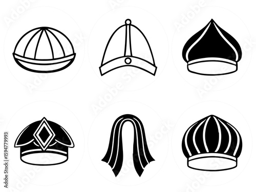 Collection of six stylized headwear icons in white circles on black background