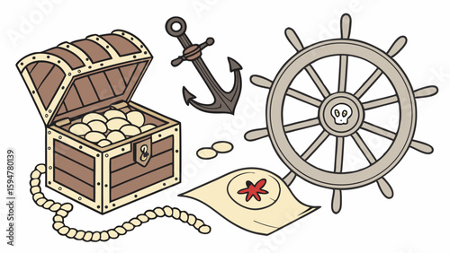 Cartoon pirate treasure chest with gold coins, ship's wheel featuring a skull, anchor, and treasure map. Vector illustration of maritime adventure elements.