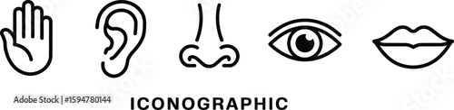 Human Senses Icons Hand, Ear, Nose, Eye, and Lips in Line Art on White Background