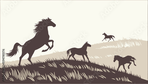 Majestic wild horses in a classic sepia silhouette illustration, galloping and rearing across rolling grassy hills, embodying freedom and natural beauty.