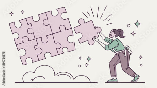 Happy woman completing a large jigsaw puzzle, placing the final piece. Concept of problem-solving, success, and achievement in a modern, minimalist line art illustration.
