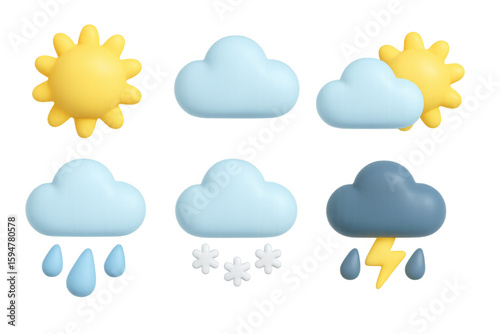 Playful 3d weather icons: sun, clouds, rain, snow, and lightning