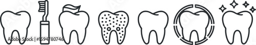 Line Art Teeth Set With Toothbrush, Toothpaste, Cavity Spots on Transparent Background