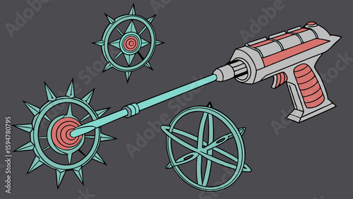Detailed Retro SciFi Ray Gun with Long Teal Rod and Spiky Red Energy Blade. Flat Vector Art Concept Illustration of Futuristic Weaponry and Circular Gadgets.
