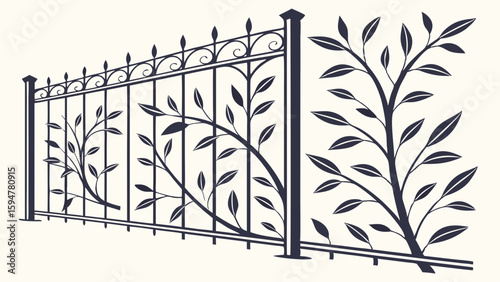 Ornate wrought iron fence panel design featuring elegant leafy vine scrollwork. Nature-inspired metal garden gate or railing silhouette vector art