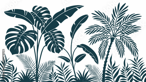 Monochrome vector silhouette of lush tropical jungle plants. Exotic palm trees, monstera, and banana leaves form a stylish botanical border illustration for design.