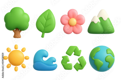 Colorful 3d nature icons: eco, green energy, environment symbols for design