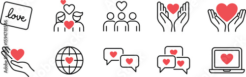 Outline Love Icons with Hearts, People, Globe, Hands, Chat Bubbles on White