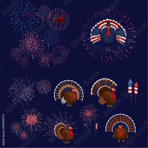 Festive Thanksgiving design with patriotic flair, showing turkeys and fireworks for a celebration of American tradition and autumn holidays.