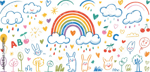 Rainbow Clouds Rabbit Drawing White Backdrop Doodles Design Decorative Pattern