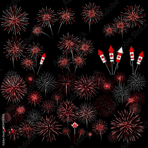 Celebration graphic showcasing festive fireworks and rocket designs, decorated with Canadian maple leaves, suitable for various festive occasions.