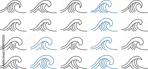 Sea waves line art collection, ocean wave icon set, simple water waves pattern