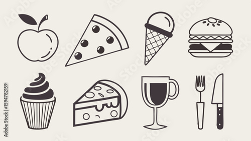 Minimalist Line Art Food and Drink Icons Set for Restaurant Menus. Apple, Pizza, Burger, Ice Cream, Cupcake, Cheesecake, Wine Glass, Cutlery Vector.
