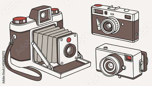 Vintage film cameras vector illustration set featuring a classic folding bellows camera, a retro rangefinder, and a compact camera in outline art style.