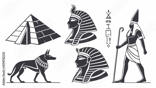 Ancient Egyptian symbols vector set featuring pyramids, Anubis, pharaohs, Osiris, and hieroglyphs in a black and white silhouette design.