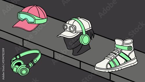 Isometric urban streetwear accessories collection with pink cap, green goggles, headphones, masked figure, and white high-top sneaker display