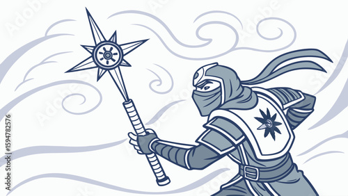 Dynamic blue and white illustration of a masked ninja warrior wielding an ornate star-tipped staff weapon amidst swirling wind and clouds, ready for battle.
