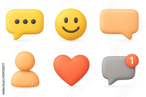 Colorful 3d social media icons set featuring chat bubbles, smile, and heart