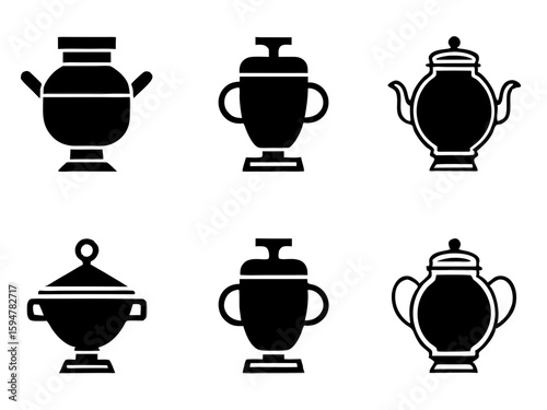Collection of black silhouette icons featuring traditional beverage vessels