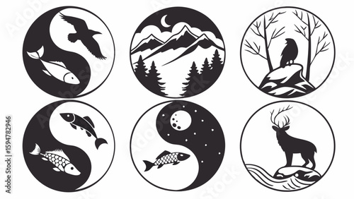 Black and White Nature Yin Yang Art Set with Wildlife Silhouettes, Mountain Landscapes, Forest Scenes, Fish, Birds, and Deer Vector Illustrations.