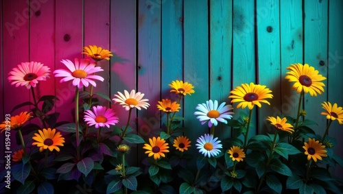 Colorful Daisies Against Wooden Fence with Pink and Teal Lighting