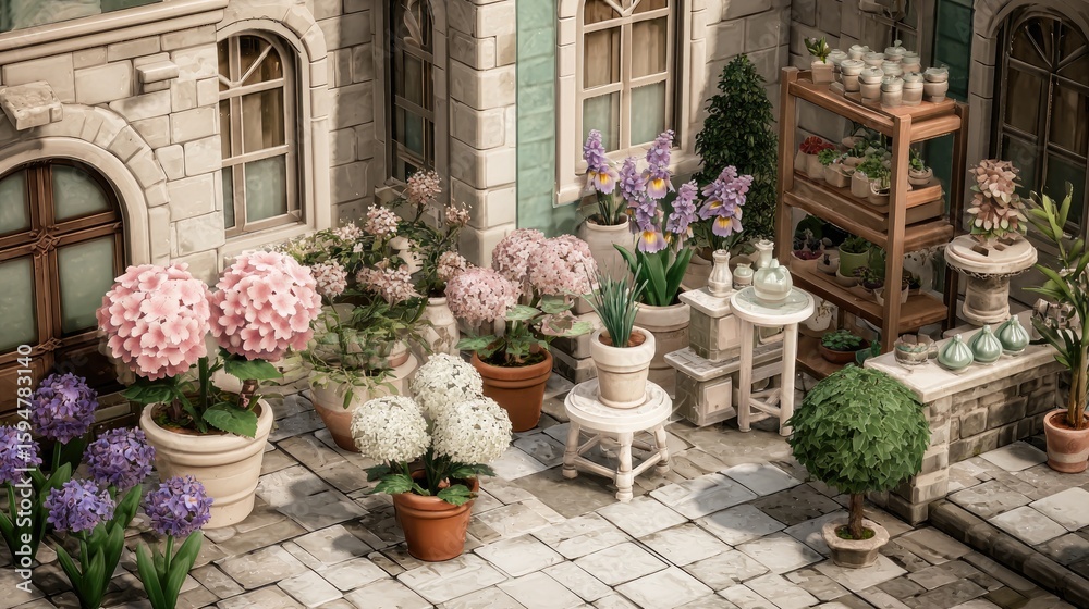 Fototapeta premium A charming courtyard scene filled with various flowering plants in terracotta pots.