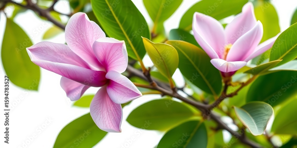Obraz premium A vibrant purple magnolia liliiflora blossom on a branch with green leaves, isolated on white, flower power, spring