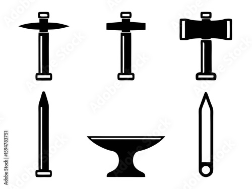Blacksmithing tools collection featuring hammers and anvil icons