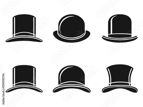 Collection of black silhouette top hats and bowler hats on white background