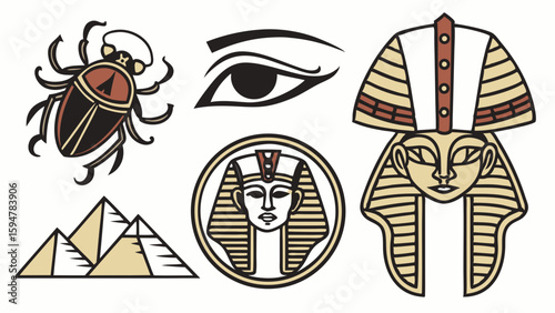 Ancient Egyptian Symbols Vector Art Set with Pharaoh Mask Pyramids Scarab Beetle and Eye of Horus Icons Traditional Culture Graphic Illustrations Design Elements