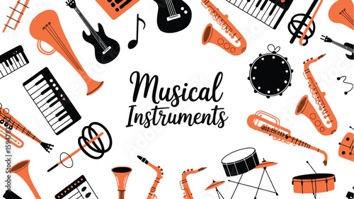 Assorted Musical Instruments Collection Guitar Saxophone Drum and Trumpet on White