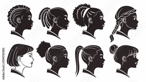 Collection of diverse young female profiles in black silhouette with various hairstyles like braids ponytails afro puffs and bob cuts vector art