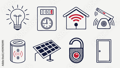 Detailed line art smart home technology icons. Modern IoT devices for home automation, security, energy efficiency, and connected living solutions.